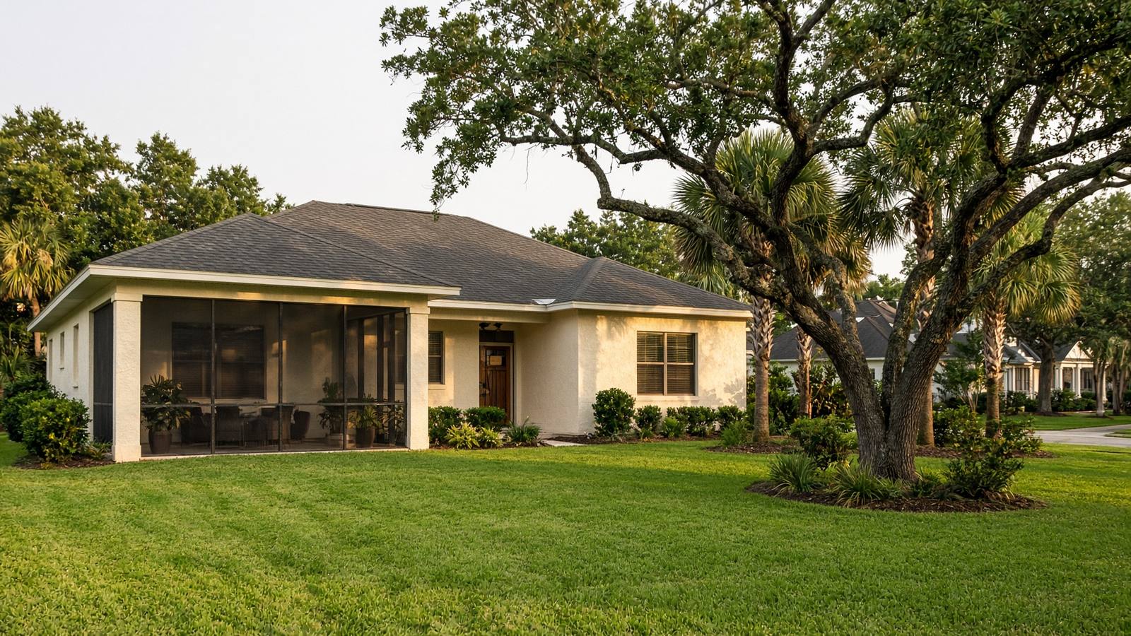 A Gulf Coast home with a screened lanai, live oak, and St. Augustine lawn at late afternoon.