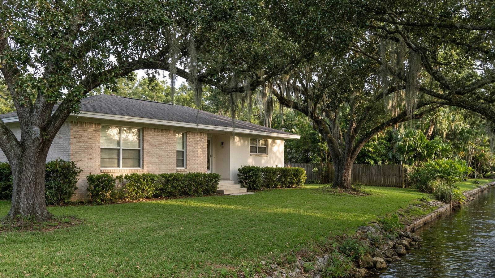 A Bradenton ranch home beside a residential canal and live oaks.