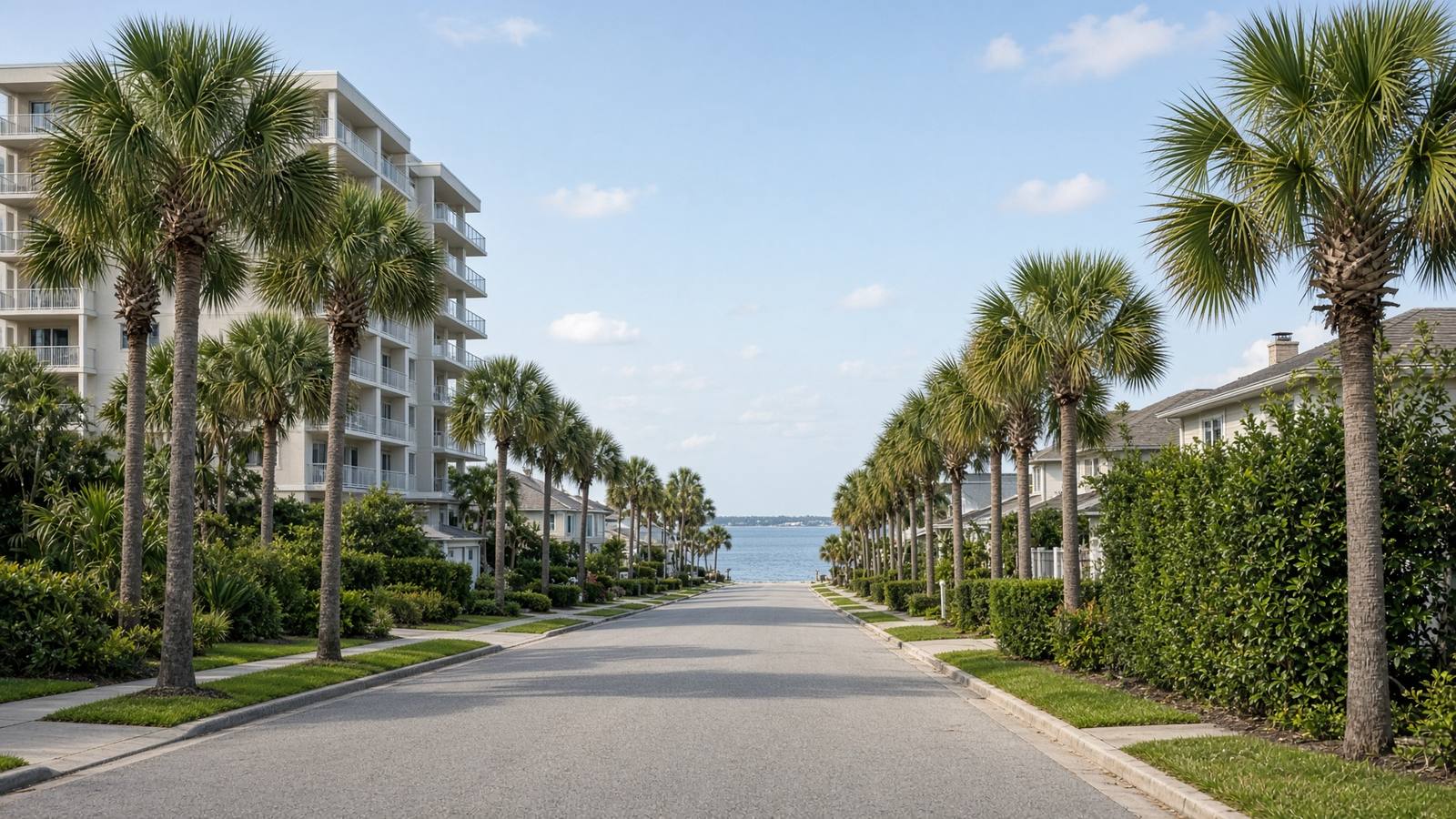 A Clearwater coastal street with palms and a glimpse of the Gulf.