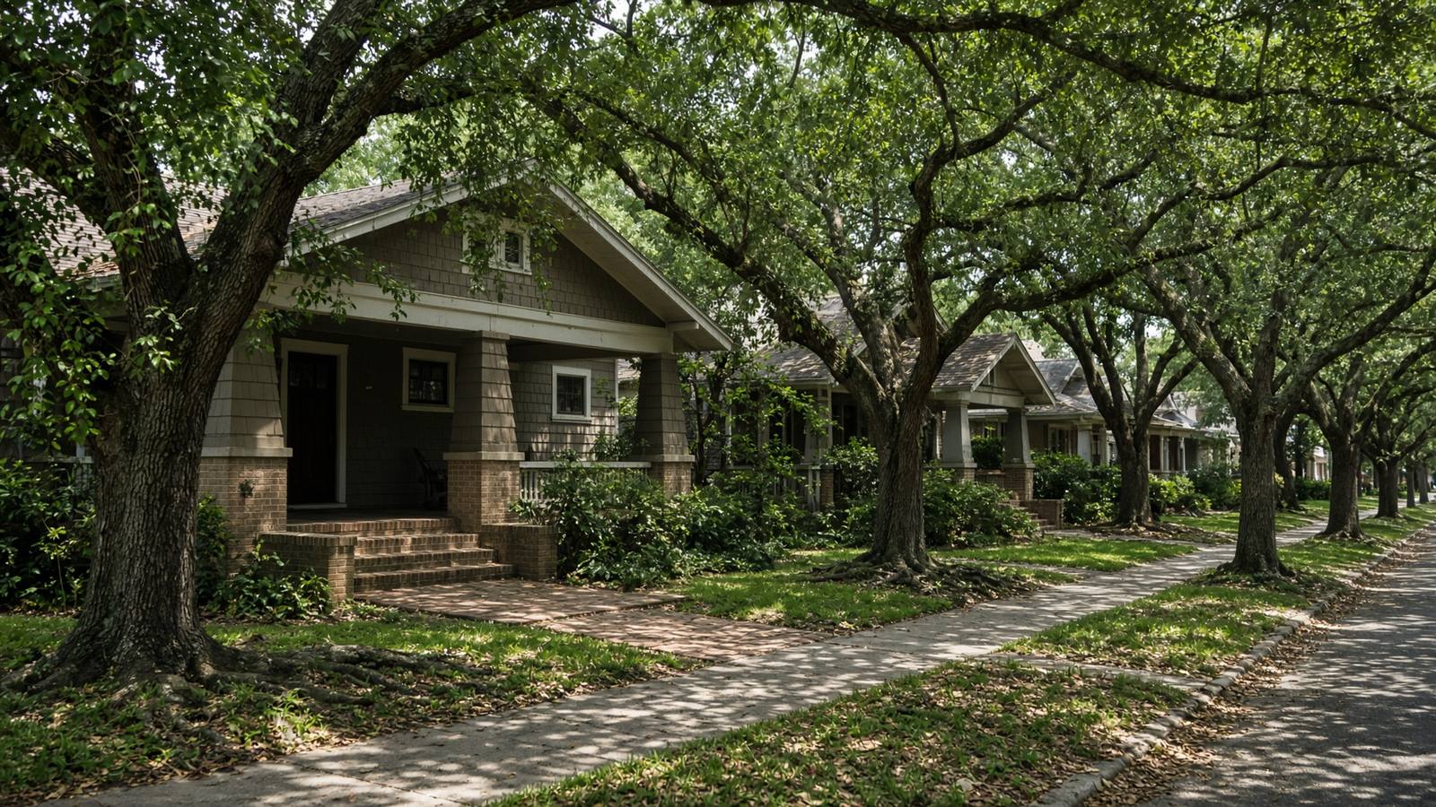 Craftsman bungalows and live oaks along a historic Tampa neighborhood street.
